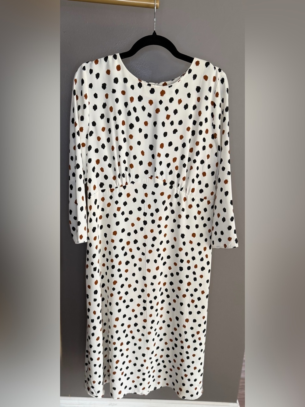 H&M NWT Polka Dot Midi Dress White Black Brown A-Line Keyhole Back Chic Size 14